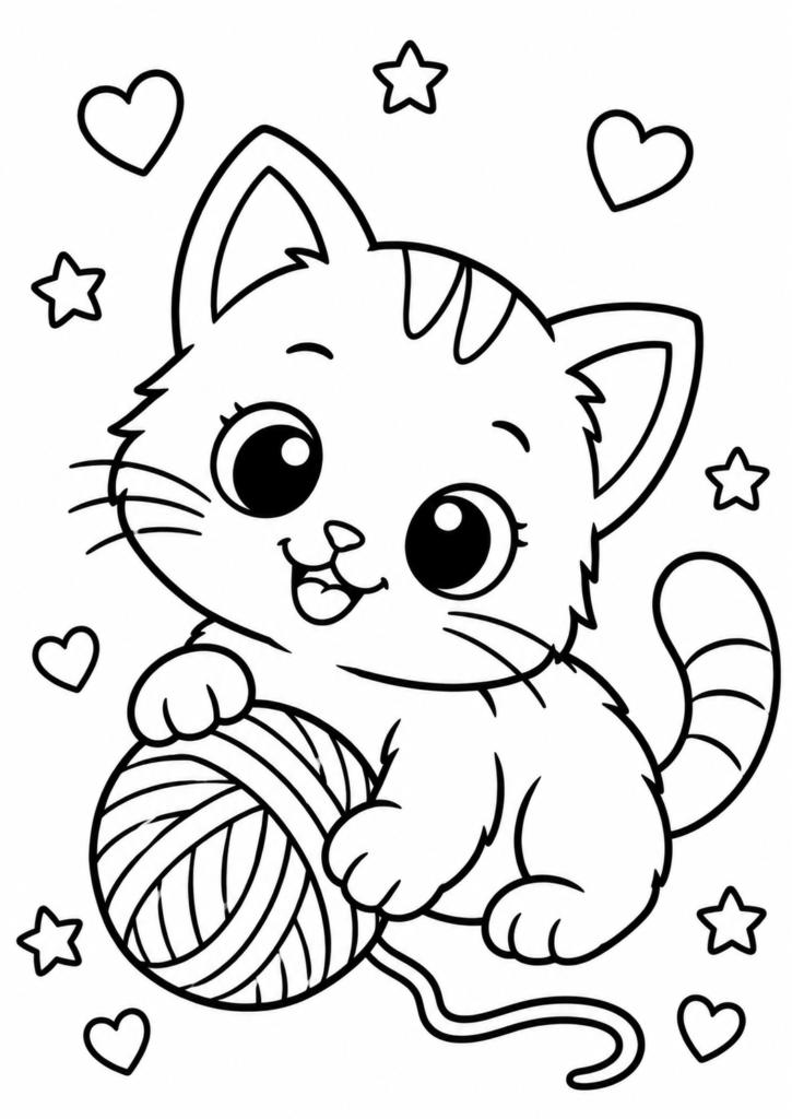cute kitten playing with a ball of yarn coloring page